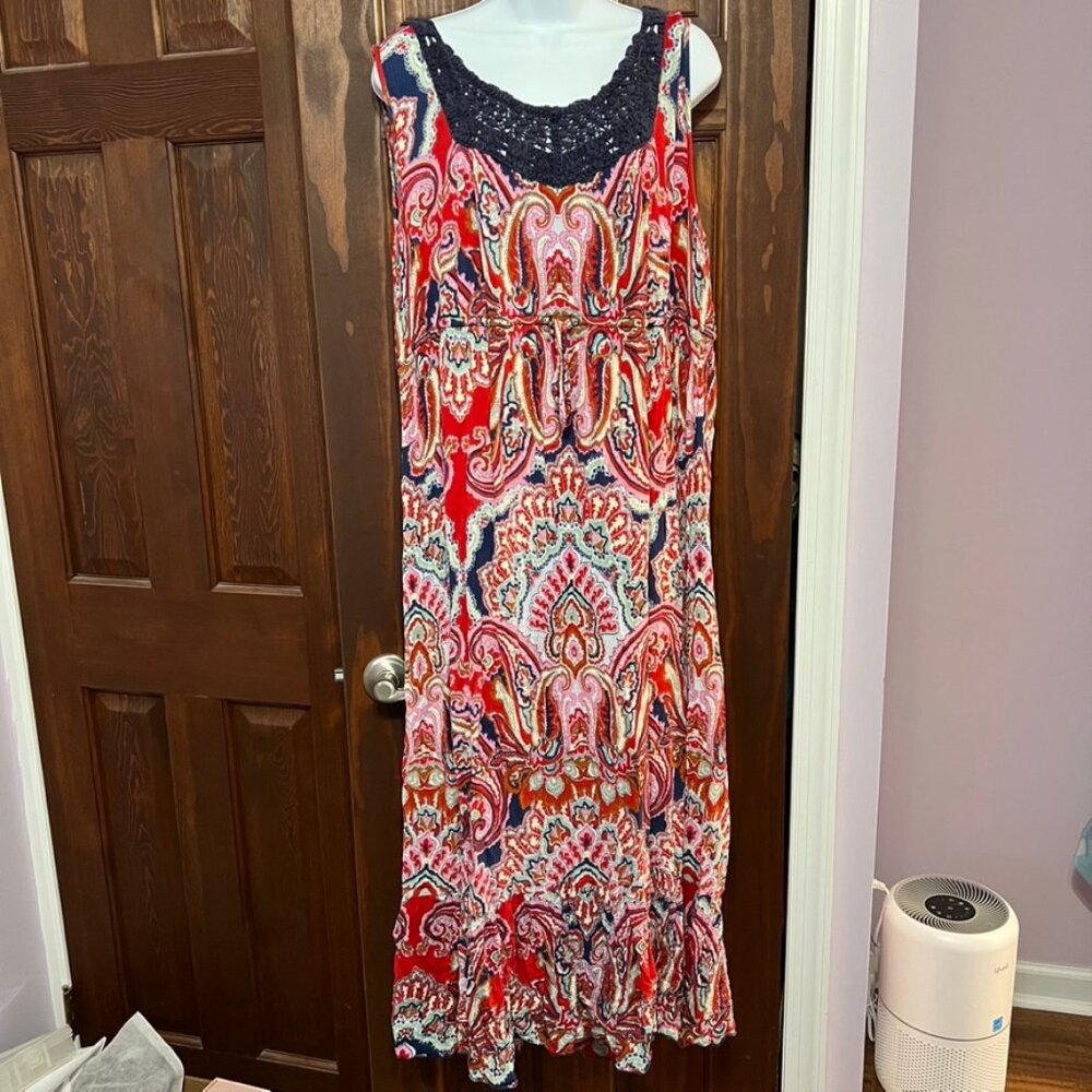 Bila Red Multicolor Paisley Maxi Dress with Black Crochet Neckline Americana